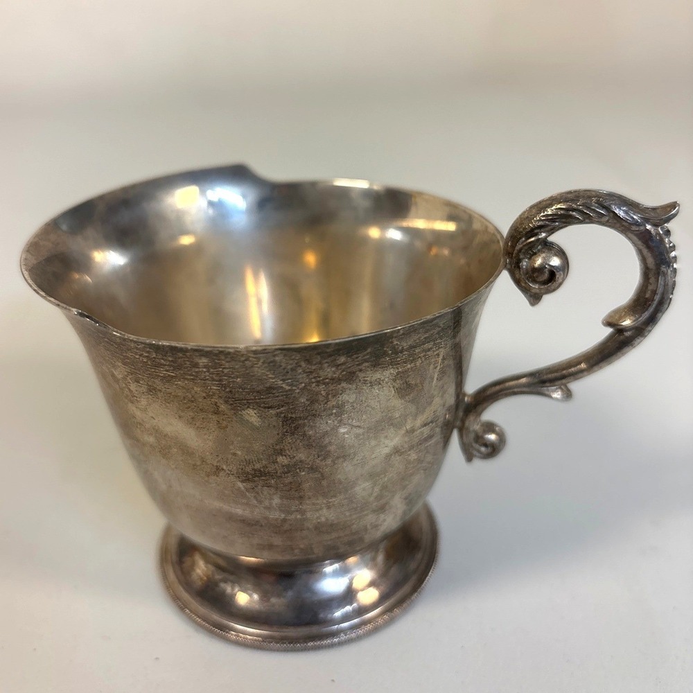 Vintage Silver Plated Footed Creamer Pitcher with Ornate Scroll Handle